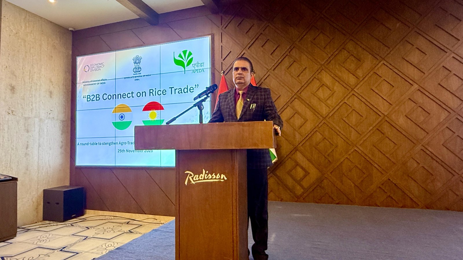 The Consulate General of India hosted a roundtable B2B meeting on rice trade on the sidelines of Agro Pack, bringing together key stakeholders from India and the Kurdistan Region of Iraq on 25 November 2025.