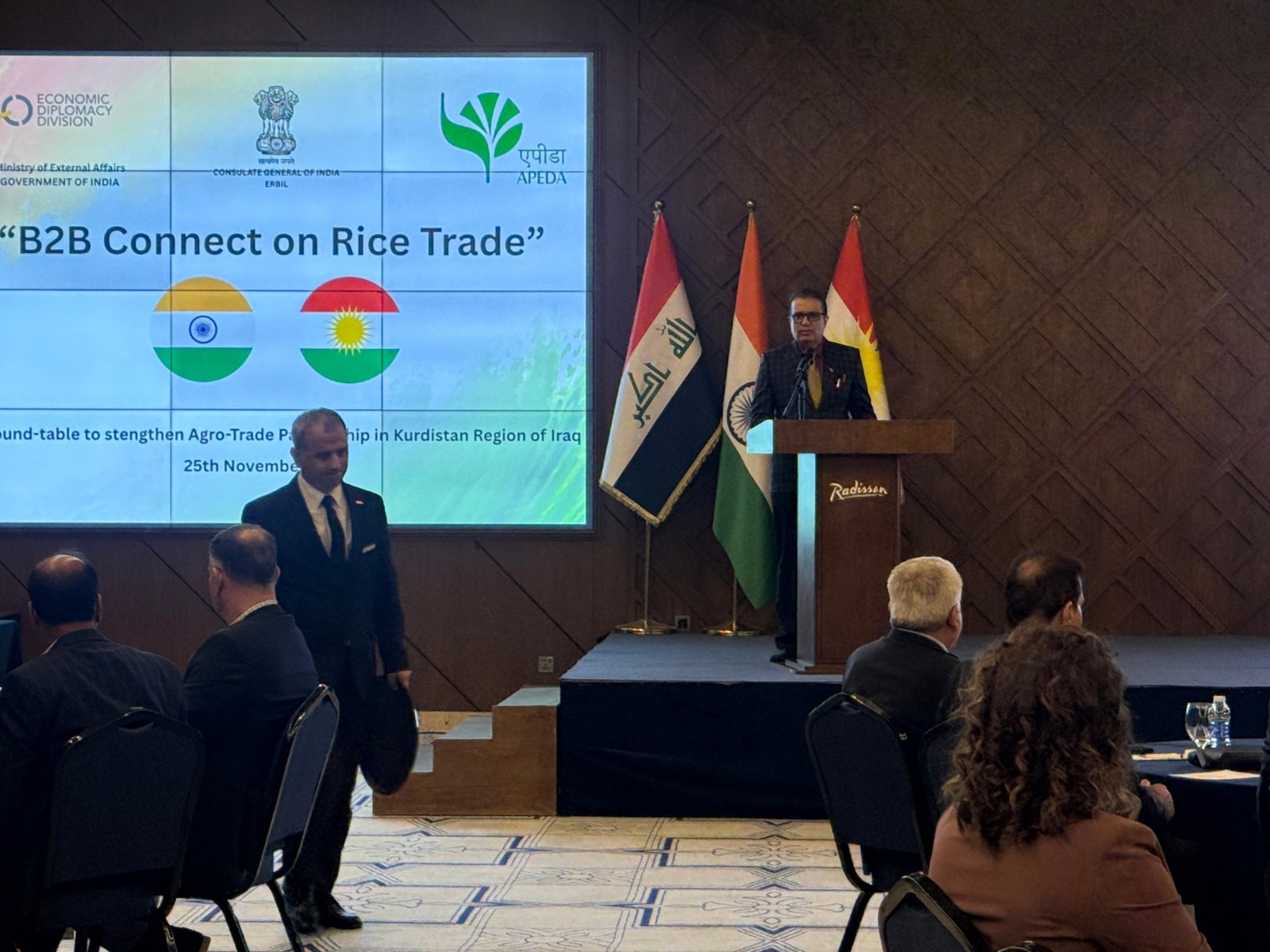 The Consulate General of India hosted a roundtable B2B meeting on rice trade on the sidelines of Agro Pack, bringing together key stakeholders from India and the Kurdistan Region of Iraq on 25 November 2025.