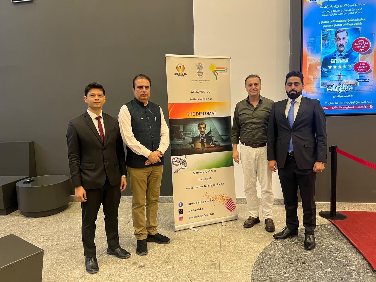 Consulate General of India, Erbil in association with Directorate of Cinema of Erbil and Kurdistan India Friendship Organization for Development, organized the screening of the Bollywood movie Diplomat in Erbil on 24 September 2025.
